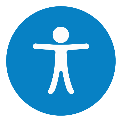 Ikona dostępności na niebieskim tle biały zarys człowieka z rozłożonymi ramionami